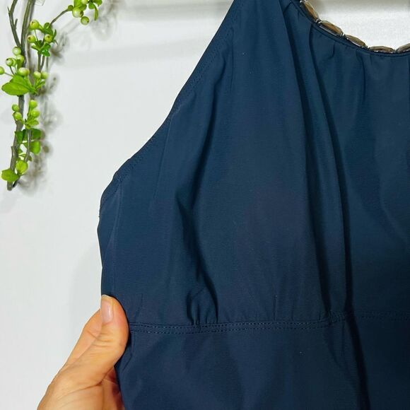 Jones New York Black Halter Gemstone Neckline One-Piece Bathing Suit - Picture 4 of 9